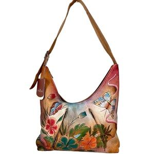 NWT Anuschka Hand-Painted Leather Shoulder Bag – Butterfly Floral Design